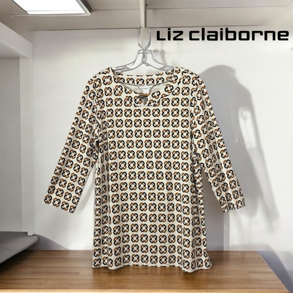 NEW, Liz Claiborne Patterned Top, Medium, White, Black & Tan - Picture 1 of 8